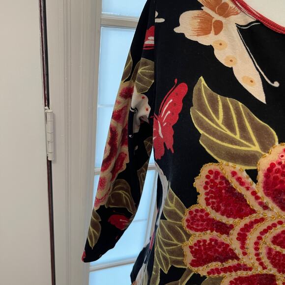 Nostalgia Black Sequin Floral Print Top Size Large Women's RN060508 - Picture 5 of 6